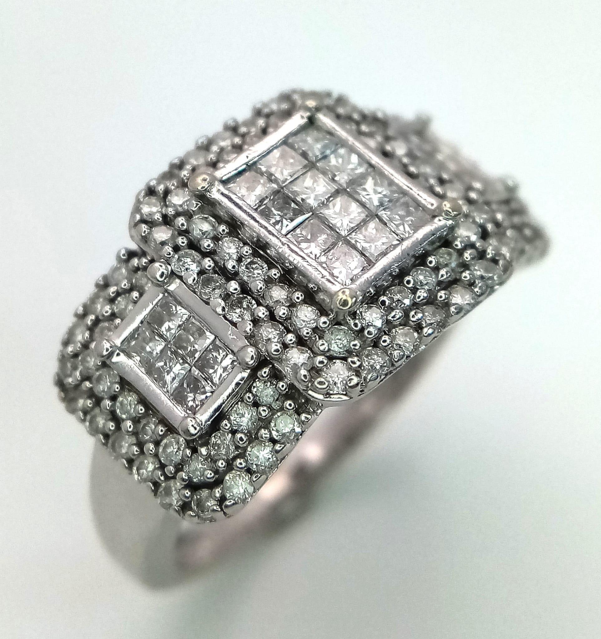 An Art Deco Style 18K White Gold and Diamond Ring. A belt-buckle design of round and princess cut - Image 2 of 7