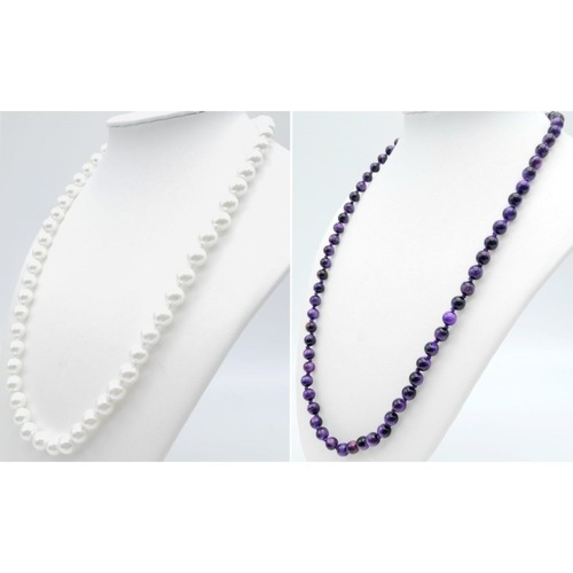 Duo of Beaded Stone Necklaces. One Pearlescent White (48cm) and one Iridescent Black/Purple Stone ( - Bild 2 aus 3
