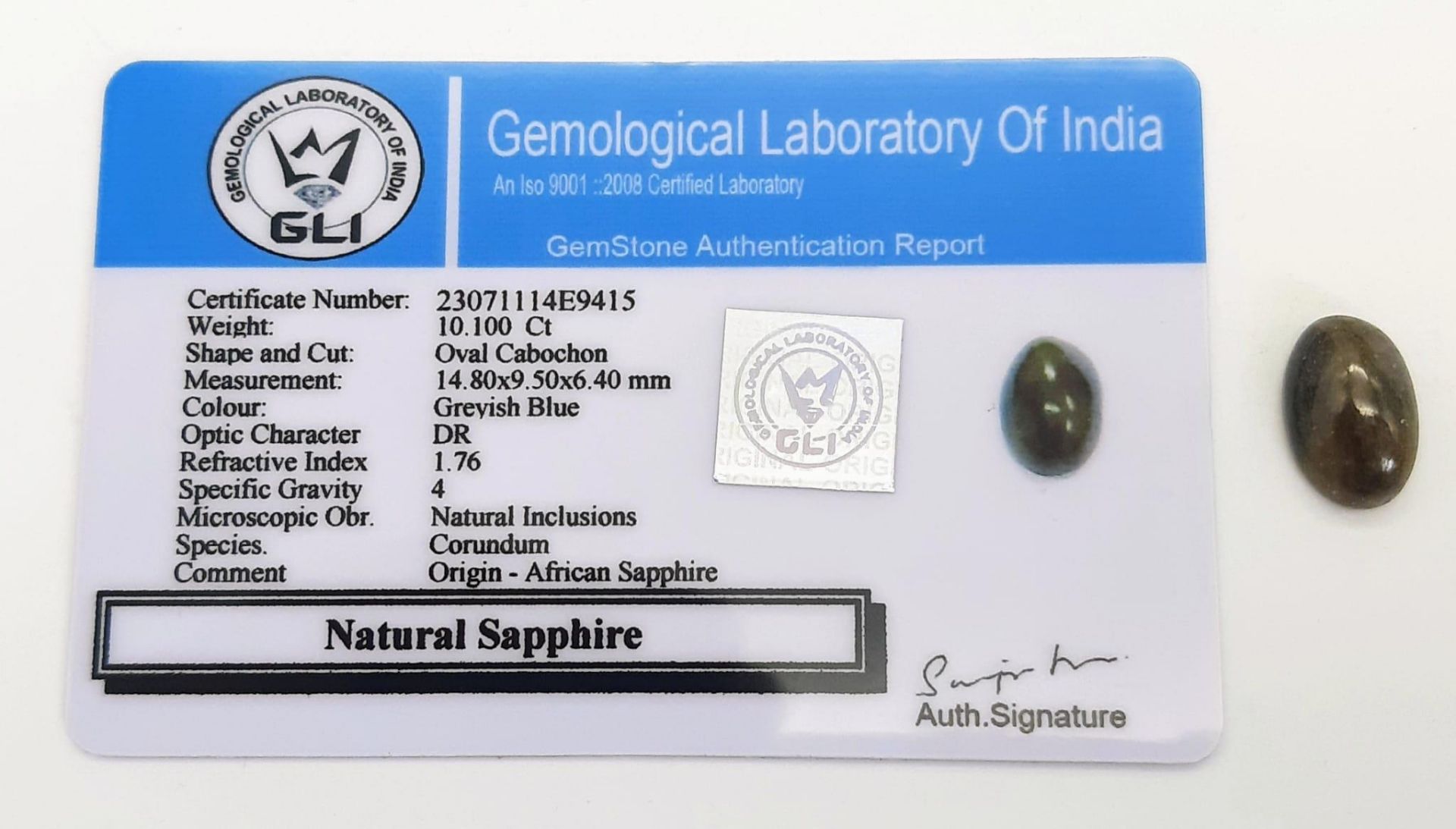 A 10.10ct Oval Cut Cabochon Untreated African Sapphire. GLI certificate. Ref: CV12 - Bild 3 aus 4