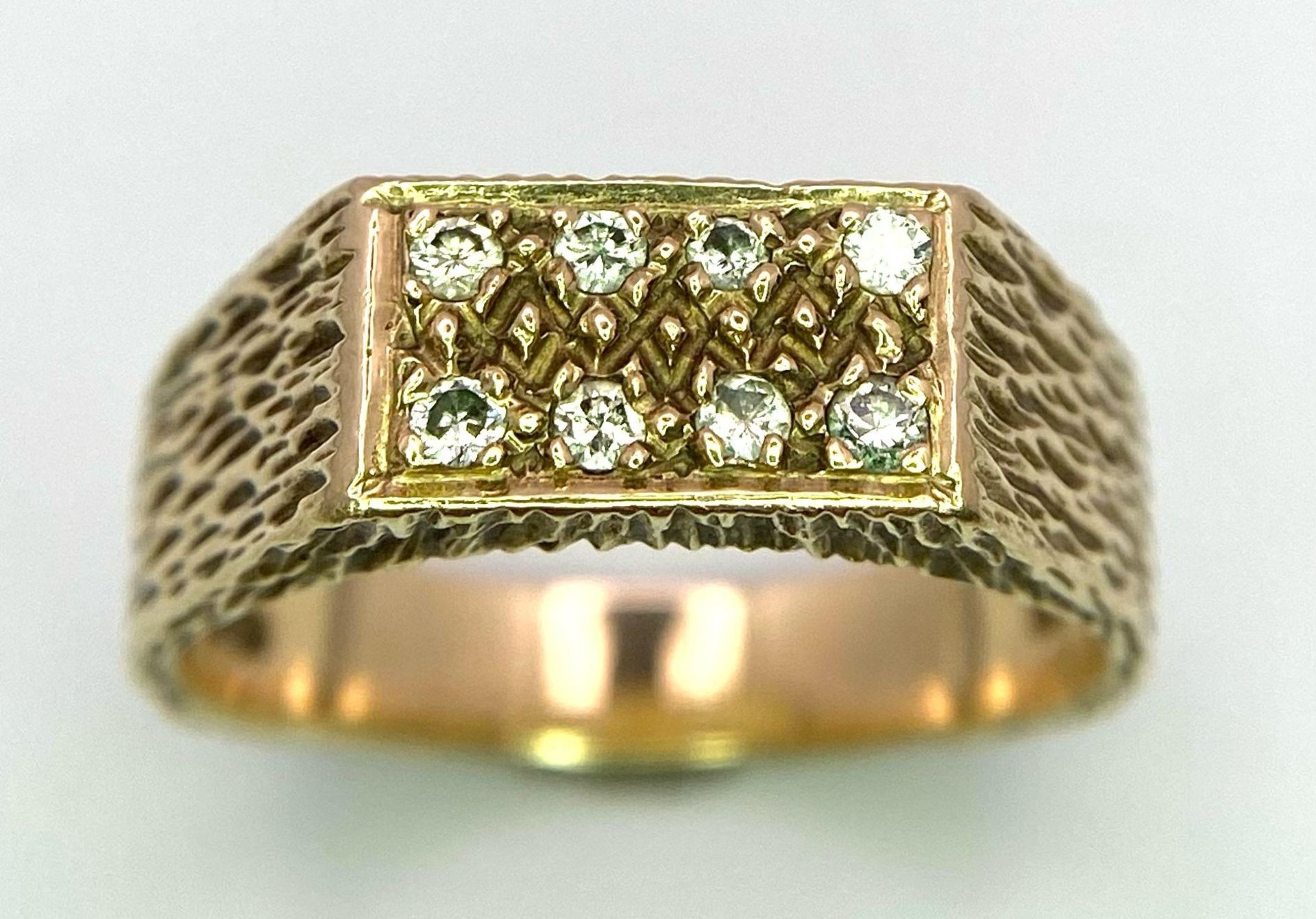 A Vintage 9K Yellow Gold and Diamond Signet Ring with Bark-Effect Decoration Throughout. Size Q/R. - Image 2 of 4