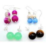 Four Pairs of Different Style Earrings. Tigers eye, aquamarine and pearl, green jade and
