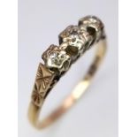 A vintage, 9 K yellow gold ring with a trilogy of round cut diamonds. Size: O, weight: 1.8 g.