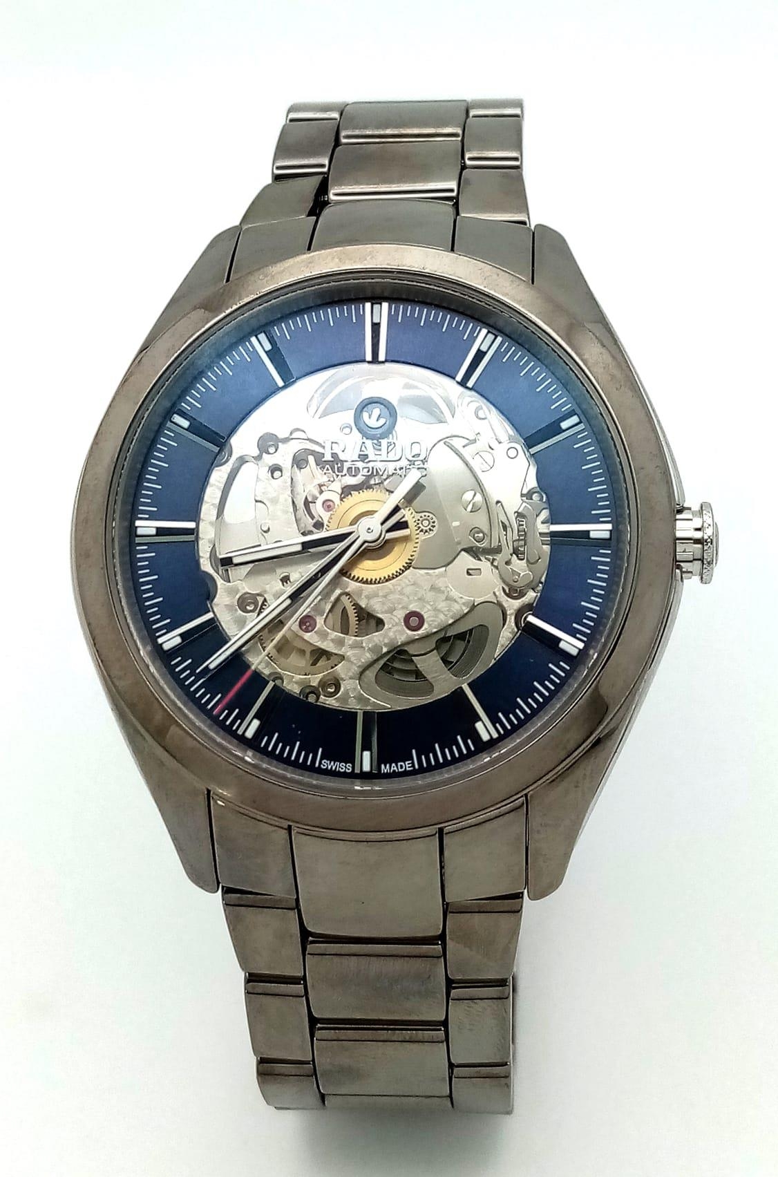 A Stylish Rado Automatic Skeleton Gents Watch. Stainless steel strap and case - 42mm. Outer blue and - Image 2 of 8