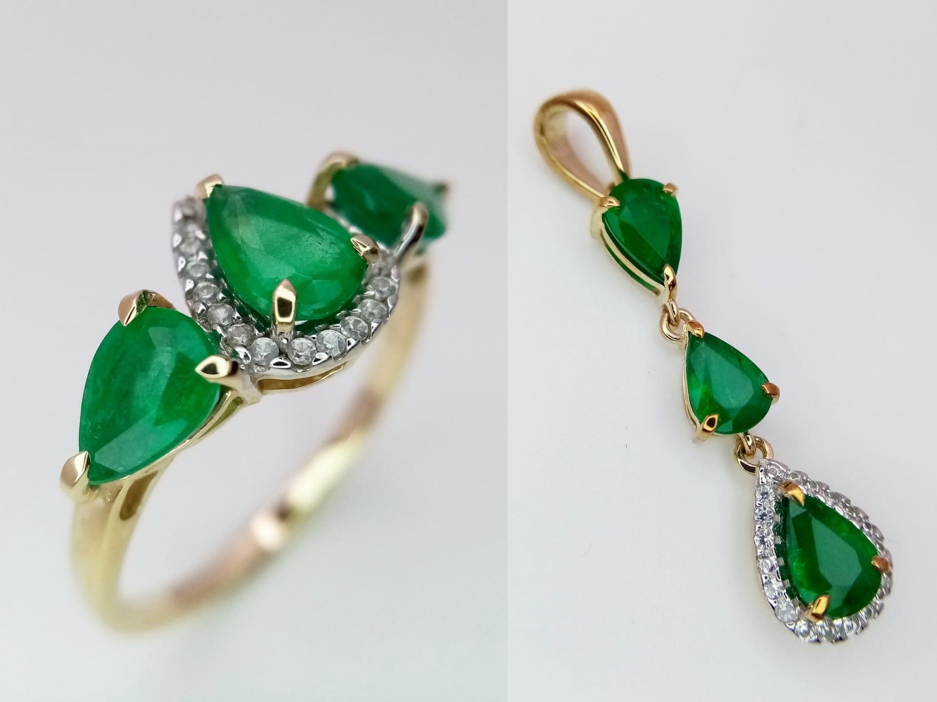 A 9K Yellow Gold and Three Stone Zambian Emerald Ring with a Matching Pendant. White zircon accents.