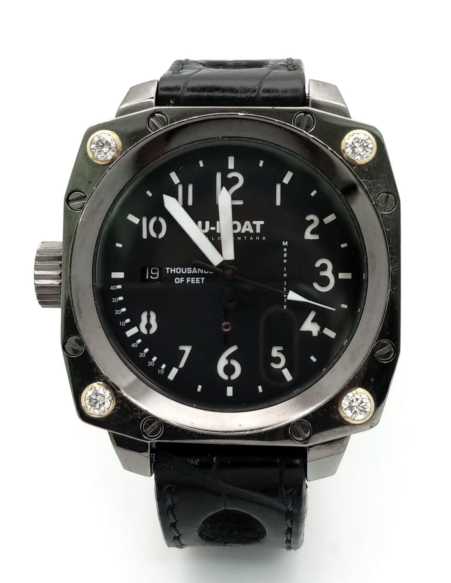 A U Boat Italo Fontana Gents Divers Watch. Italian made. Black leather strap. Stainless steel case -