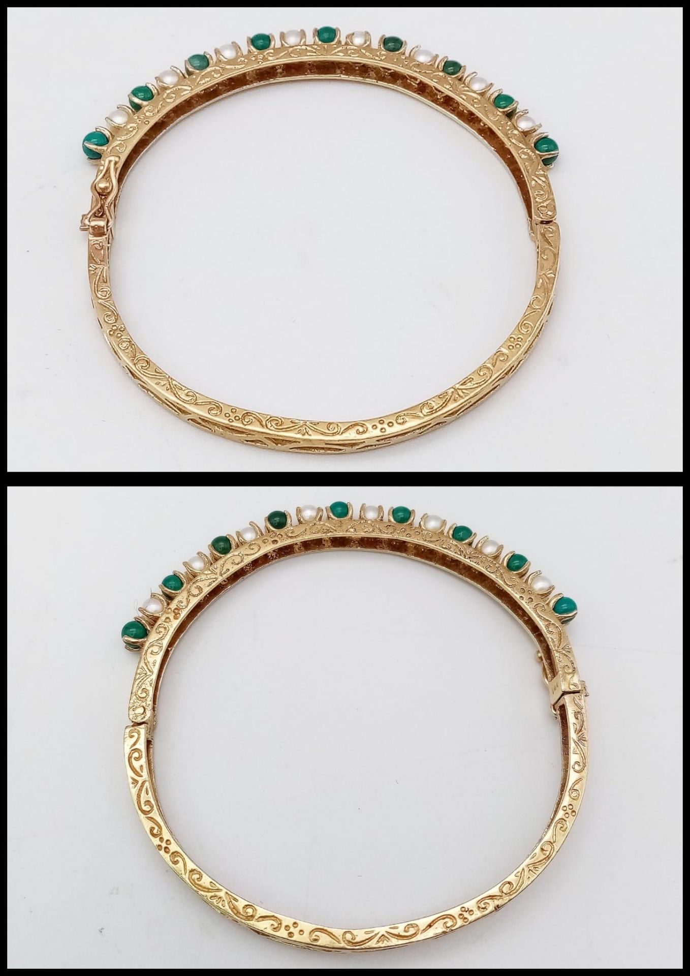A 14K GOLD HINGED BANGLE DECORATED WITH JADE AND SEED PEARLS WITH OPEN WORK BACK HALF AND NICELY - Bild 3 aus 7