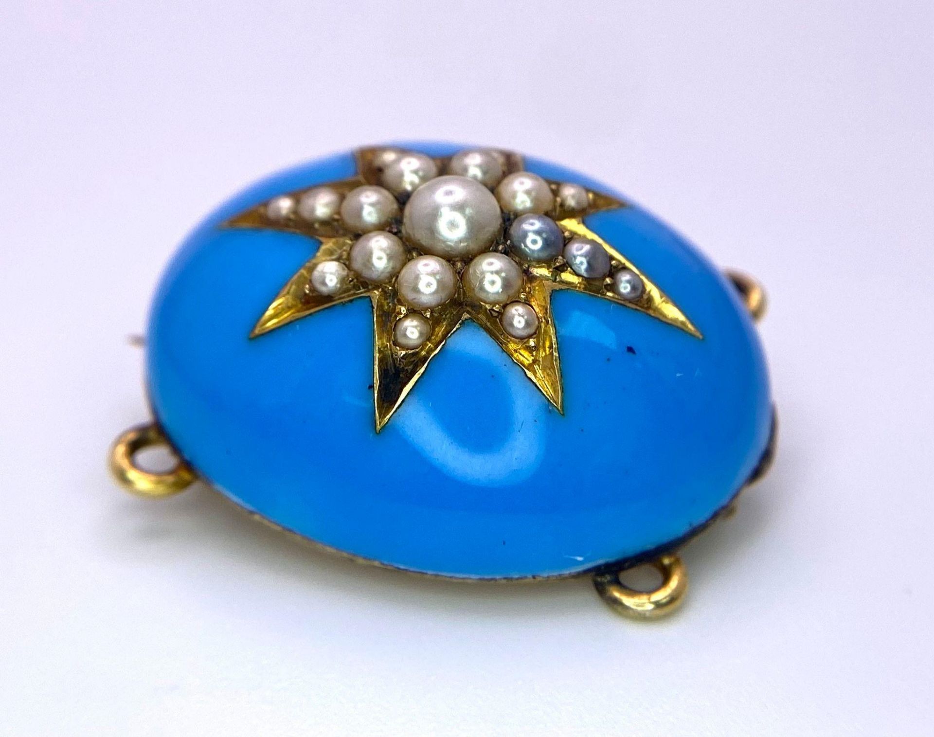 A Victorian Blue Enamel, Pearl and Mid-Karat Gold Remembrance Brooch. Domed blue enamel with a - Image 2 of 3