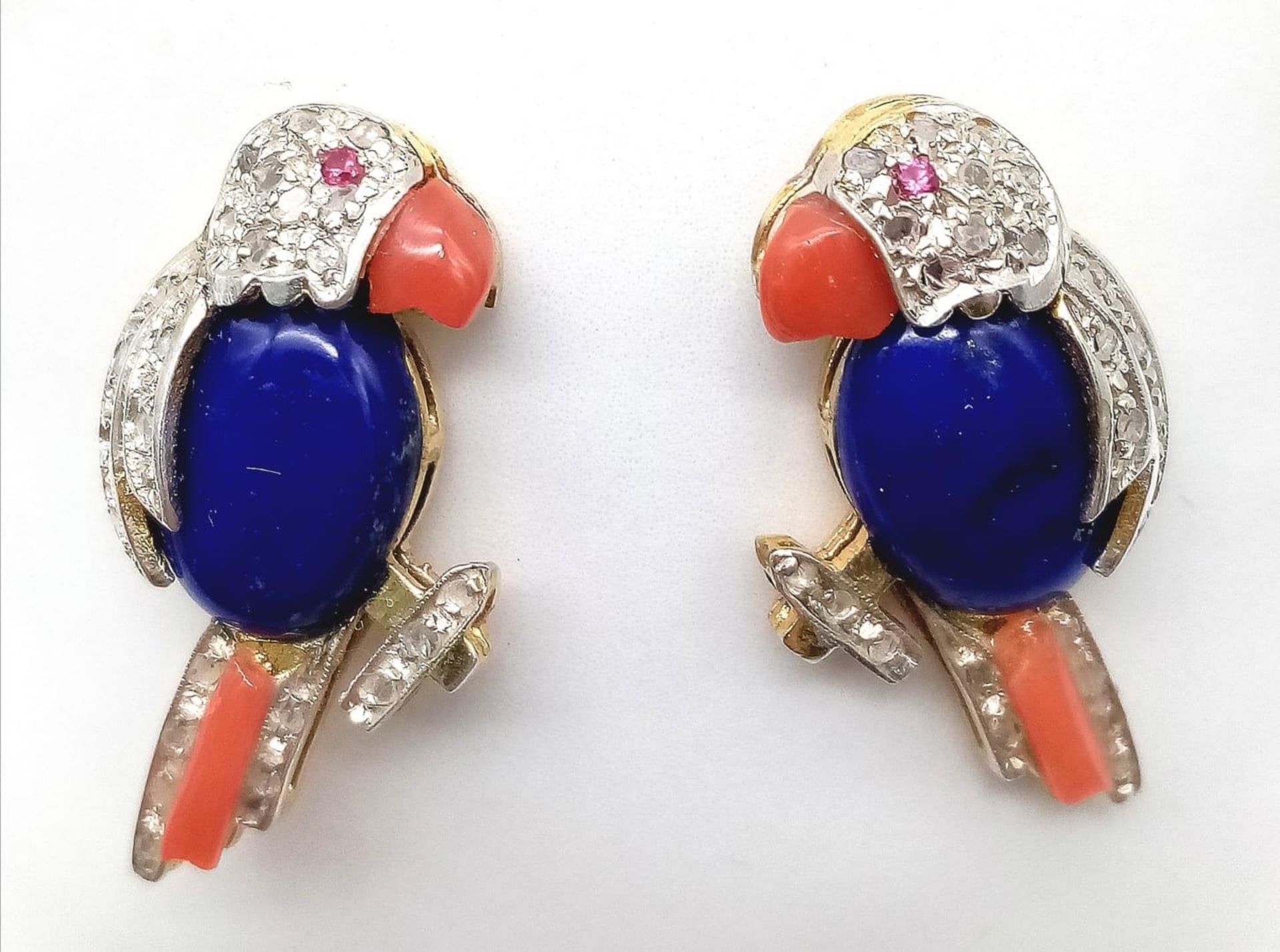 A Glorious Pair of 18K Gold, Lapis, Ruby, Coral and Diamond Parrot Earrings! There is so much