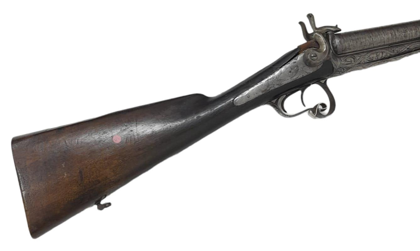 A 16 BORE PIN FIRE ANTIQUE SIDE BY SIDE DOUBLE BARRELED SHOTGUN WITH PATTERNED METALWORK a/f - Image 5 of 12