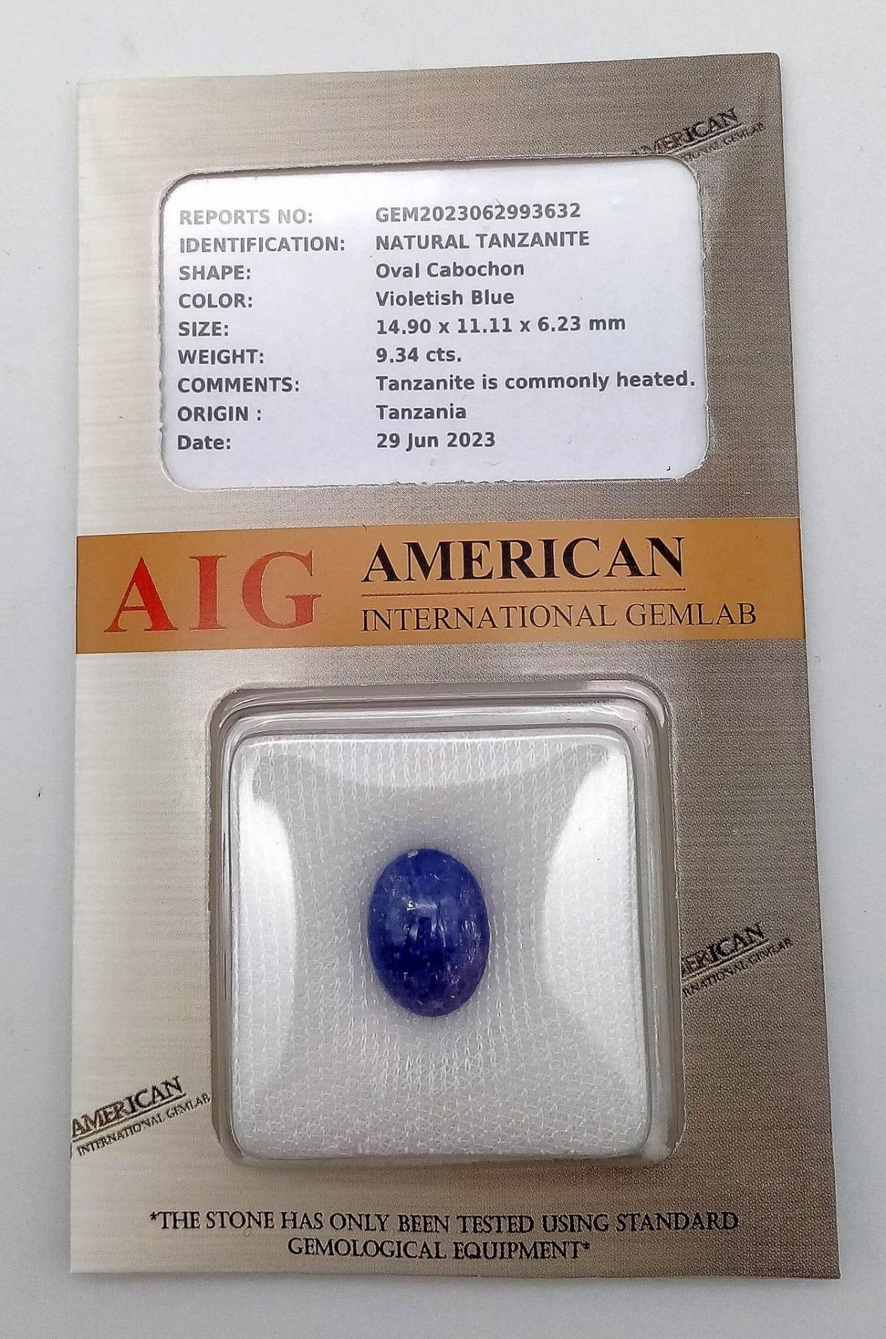 A 9.34ct Natural Tanzanite Cabochon - Sealed Container -AIG Certified. - Image 2 of 3