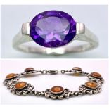 A parcel of Sterling Silver Jewellery. Featuring an amber stone bracelet (20cm) and a purple stone