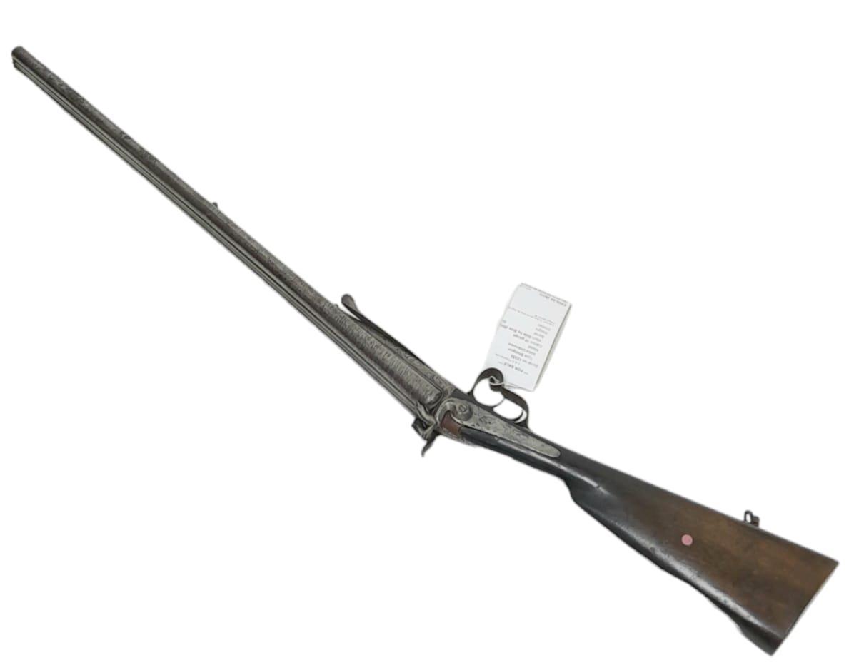 A 16 BORE PIN FIRE ANTIQUE SIDE BY SIDE DOUBLE BARRELED SHOTGUN WITH PATTERNED METALWORK a/f - Image 2 of 12