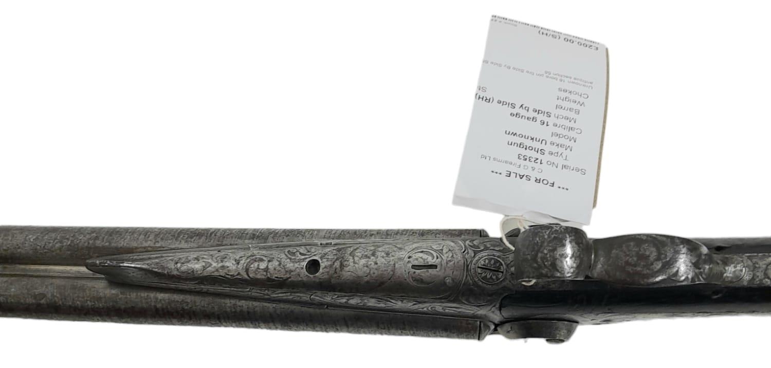 A 16 BORE PIN FIRE ANTIQUE SIDE BY SIDE DOUBLE BARRELED SHOTGUN WITH PATTERNED METALWORK a/f - Image 11 of 12