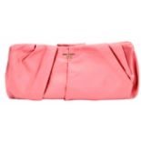 A Prada Pink Pleated Clutch Bag. Satin exterior with silver-toned hardware and press lock closure to