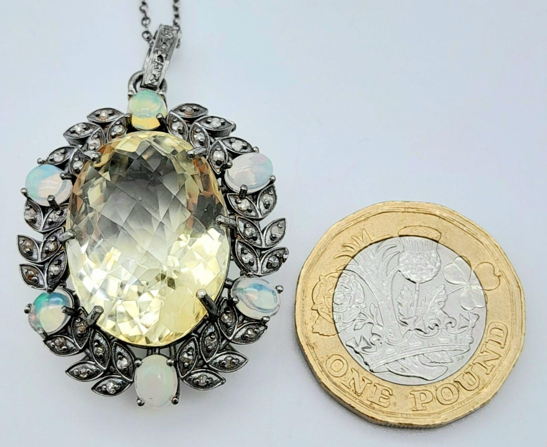 A Citrine Pendant with Opal and Diamond Surround on 925 Silver Chain.22ct citrine, 1.30ctw opals, - Image 4 of 6