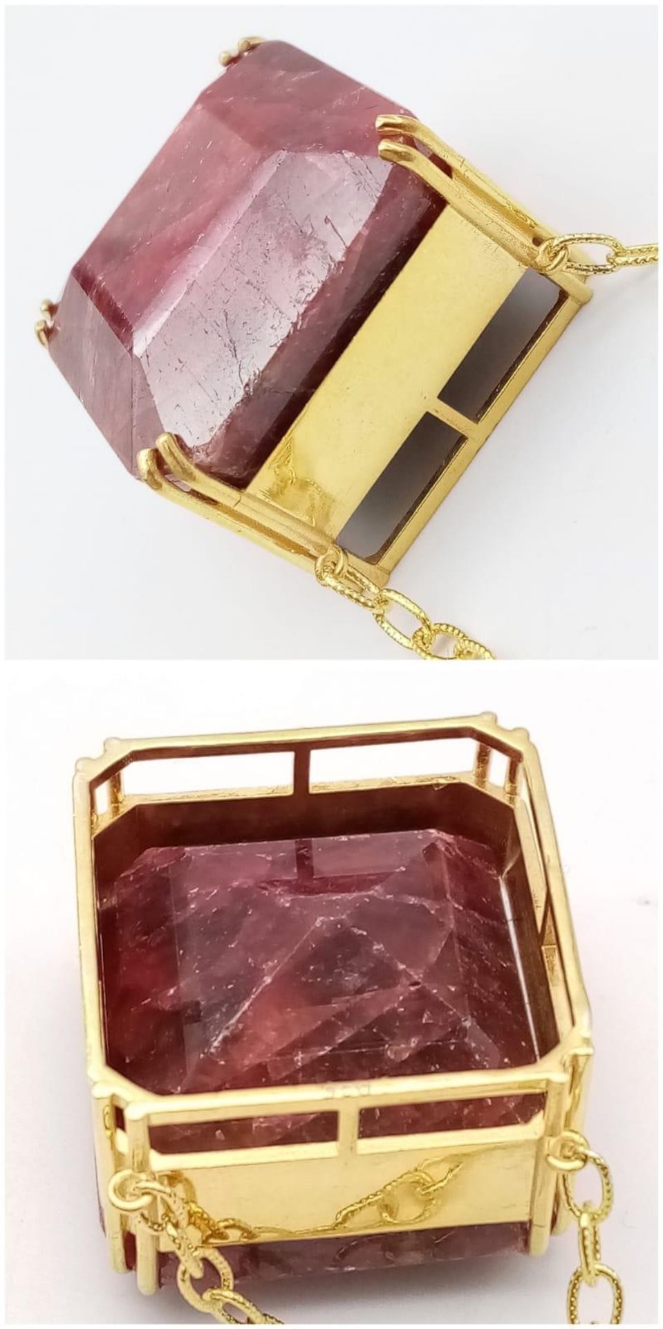 A Square-Cut 237ct Ruby Pendant in Gold Plated 925 Silver on a Gold Plated 925 Chain. Pendant 3cm - Image 2 of 9