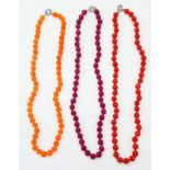 Three Different Coloured Stone Necklaces. Red, orange and purple. All 46cm.