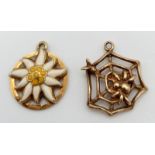 Two 9K Gold Springtime Pendants/Charms. Sunflower and Spiders Web! 14mm. 2.14g total weight.