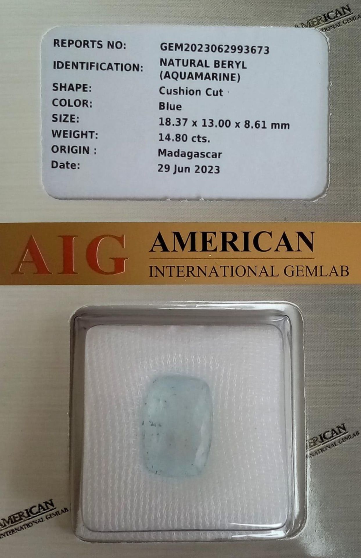 A Sealed Madagascar 14.80ct Natural Aquamarine Gemstone, Eye Clean, AIG Certified - Bild 2 aus 5