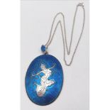 Sterling Silver Necklace with a Silver, Blue Enamelled Goddess Pendant. 46cm in length, pendant