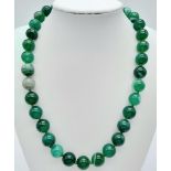 A Green Striped Rich Agate Bead Necklace. 12mm beads. 44cm length.