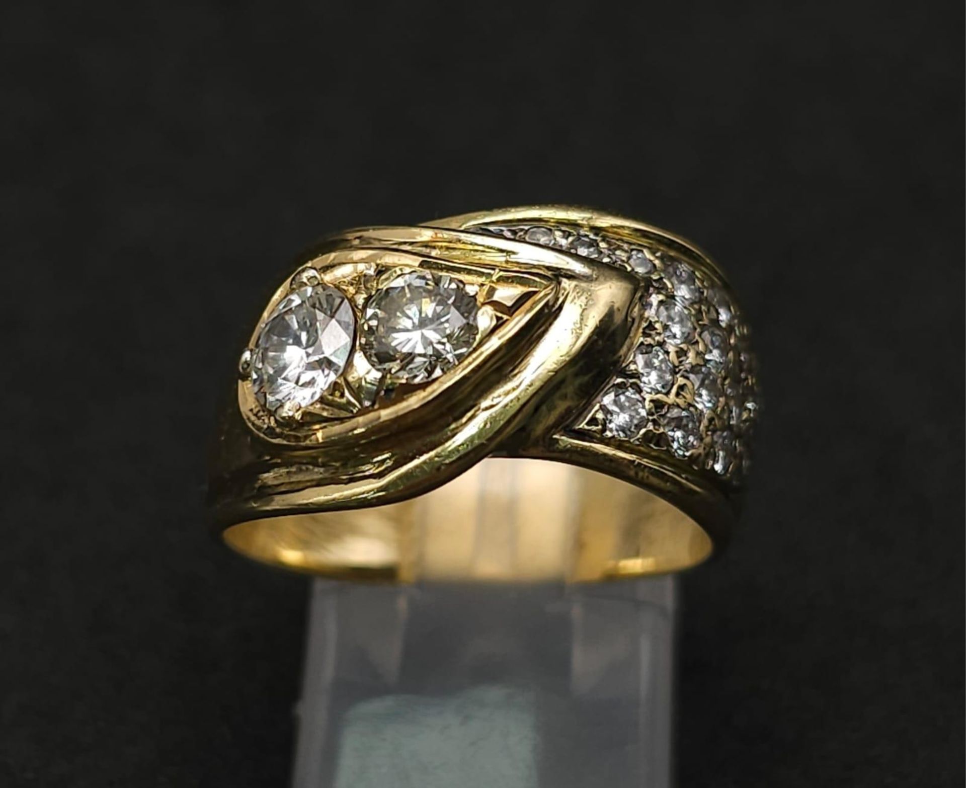 An 18kt Yellow Gold Ring with a duo of Round Cut Diamonds on one side, offset by a pavement of - Image 3 of 8