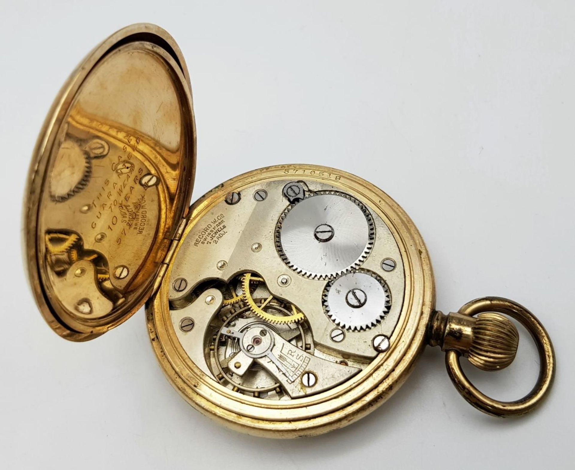 An Antique Gold Plated Record Watch Company Pocket Watch. 7 jewels. Top Winder. White dial with - Bild 9 aus 9