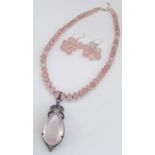 Rose Quartz Gemstone Necklace with Pendant with Diamonds on 925 Silver, The Pendant Comes with