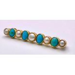 An Antique 18K Gold (tested) Turquoise and Pearl Bar Brooch. Alternating pearl and turquoise