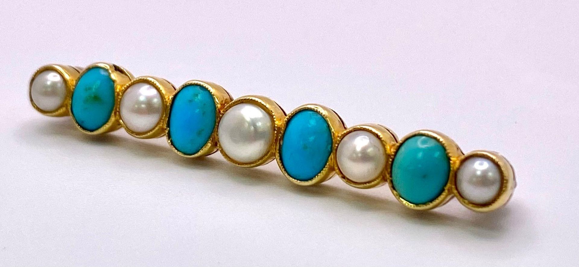 An Antique 18K Gold (tested) Turquoise and Pearl Bar Brooch. Alternating pearl and turquoise