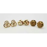 Three Different Styled Pairs of 9K Gold Earrings - No Backs. 2.62g total weight.