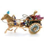 A Vintage 18K Yellow Gold Gemstone and Enamel Horse with Carriage Brooch. Incredible detail with