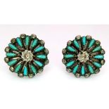 Vintage style Floral patterned Earrings with Blue accents. Measures 1cm wide.