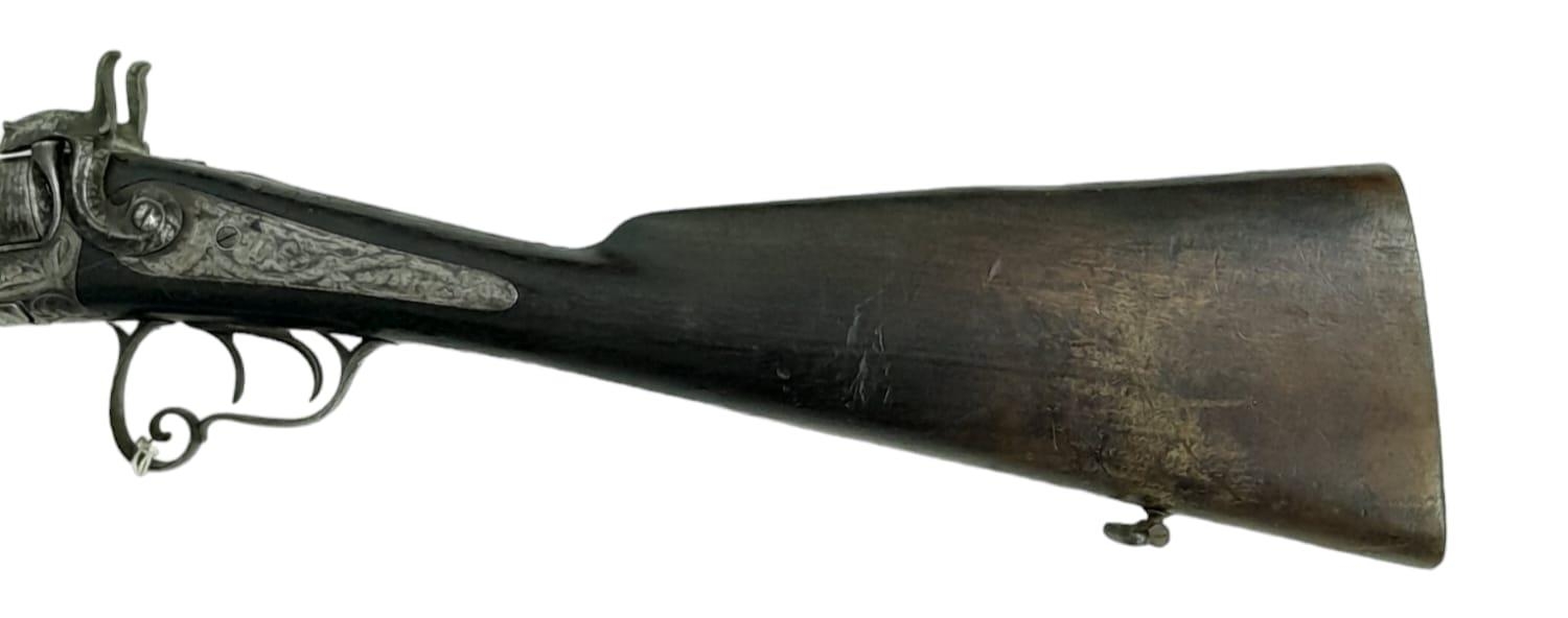 A 16 BORE PIN FIRE ANTIQUE SIDE BY SIDE DOUBLE BARRELED SHOTGUN WITH PATTERNED METALWORK a/f - Image 9 of 12