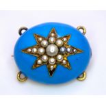 A Victorian Blue Enamel, Pearl and Mid-Karat Gold Remembrance Brooch. Domed blue enamel with a