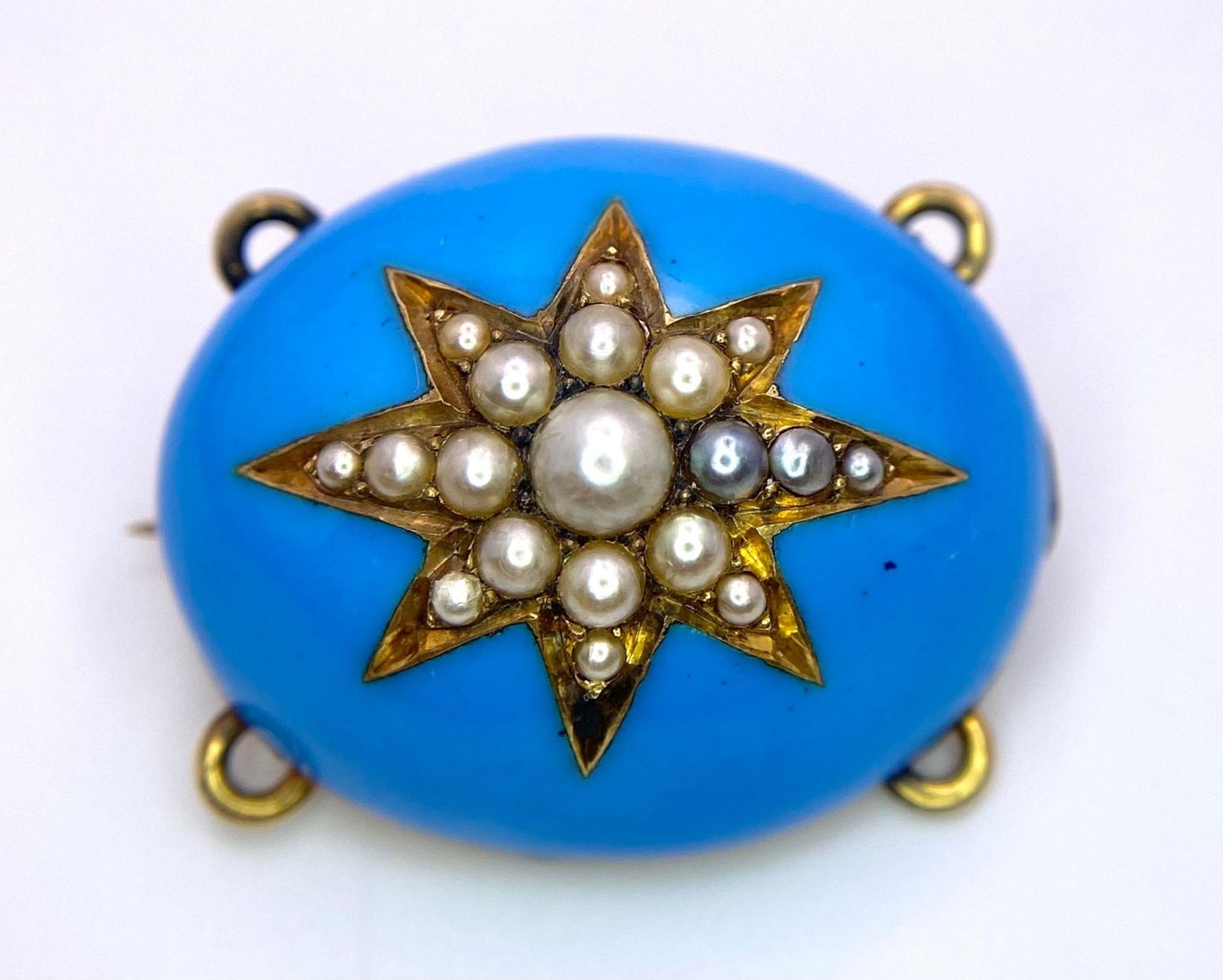 A Victorian Blue Enamel, Pearl and Mid-Karat Gold Remembrance Brooch. Domed blue enamel with a
