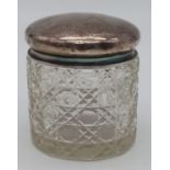A HALLMARKED SILVER ANTIQUE VINTAGE LIDDED CRYSTAL POT. TOTAL WEIGHT 104.8G SILVER LID IS 9.5G.