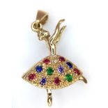 A 9kt Yellow Gold Jewelled Dancing Ballerina Charm/Pendant. Measures 3cm in length. Weight: 5.06g