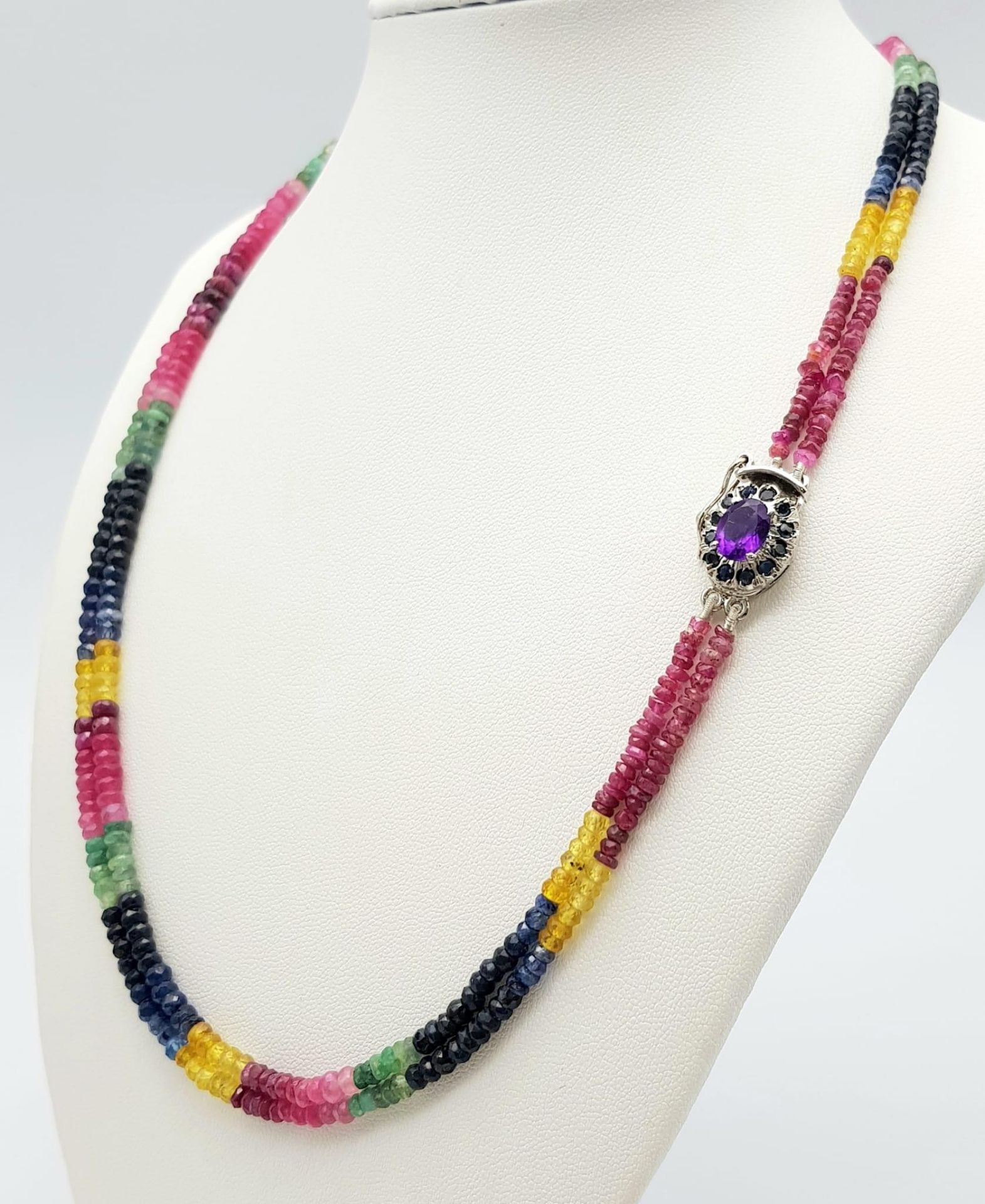 A Multi Sapphire Gemstone Two Strands Necklace with an Amethyst 925 Silver Clasp. Small rondelle - Bild 2 aus 6