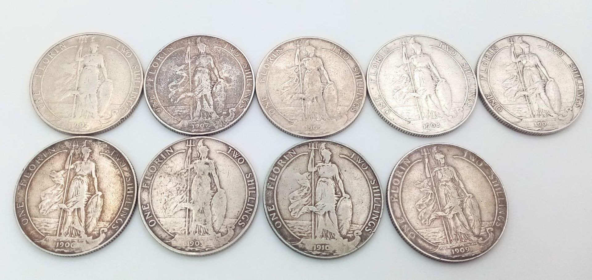 A Set of Edward VII Silver Florin Coins - 1902-1910. The 1904,5 and 6 are quite scarce. Please see - Bild 2 aus 3