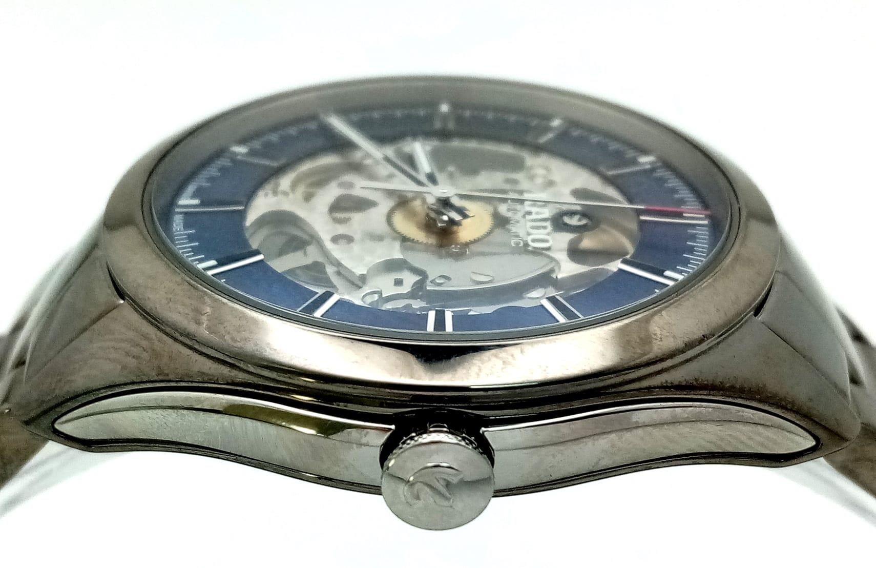 A Stylish Rado Automatic Skeleton Gents Watch. Stainless steel strap and case - 42mm. Outer blue and - Image 5 of 8