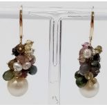 A Pair of 14K Gold Pearl and Gemstone Cluster Earrings. 3cm drop. 7.82g total weight.