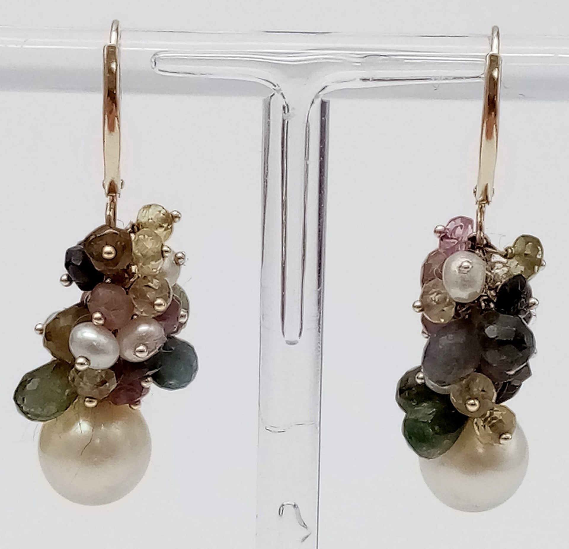 A Pair of 14K Gold Pearl and Gemstone Cluster Earrings. 3cm drop. 7.82g total weight.