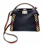 A Fendi Nappa scalloped grommet mini peakaboo satchel bag in black and multicolour. Black leather