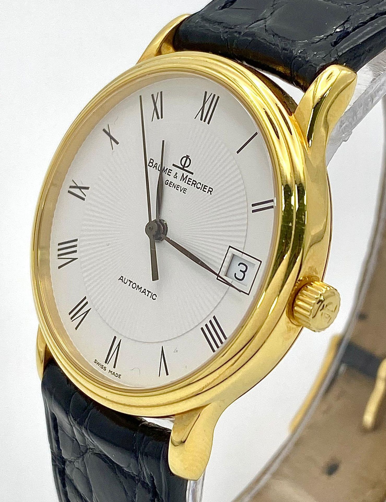 A Baume and Mercier 18K Gold Cased Automatic Gents Watch. Model - MV045075. Black leather strap. 18k - Image 4 of 11