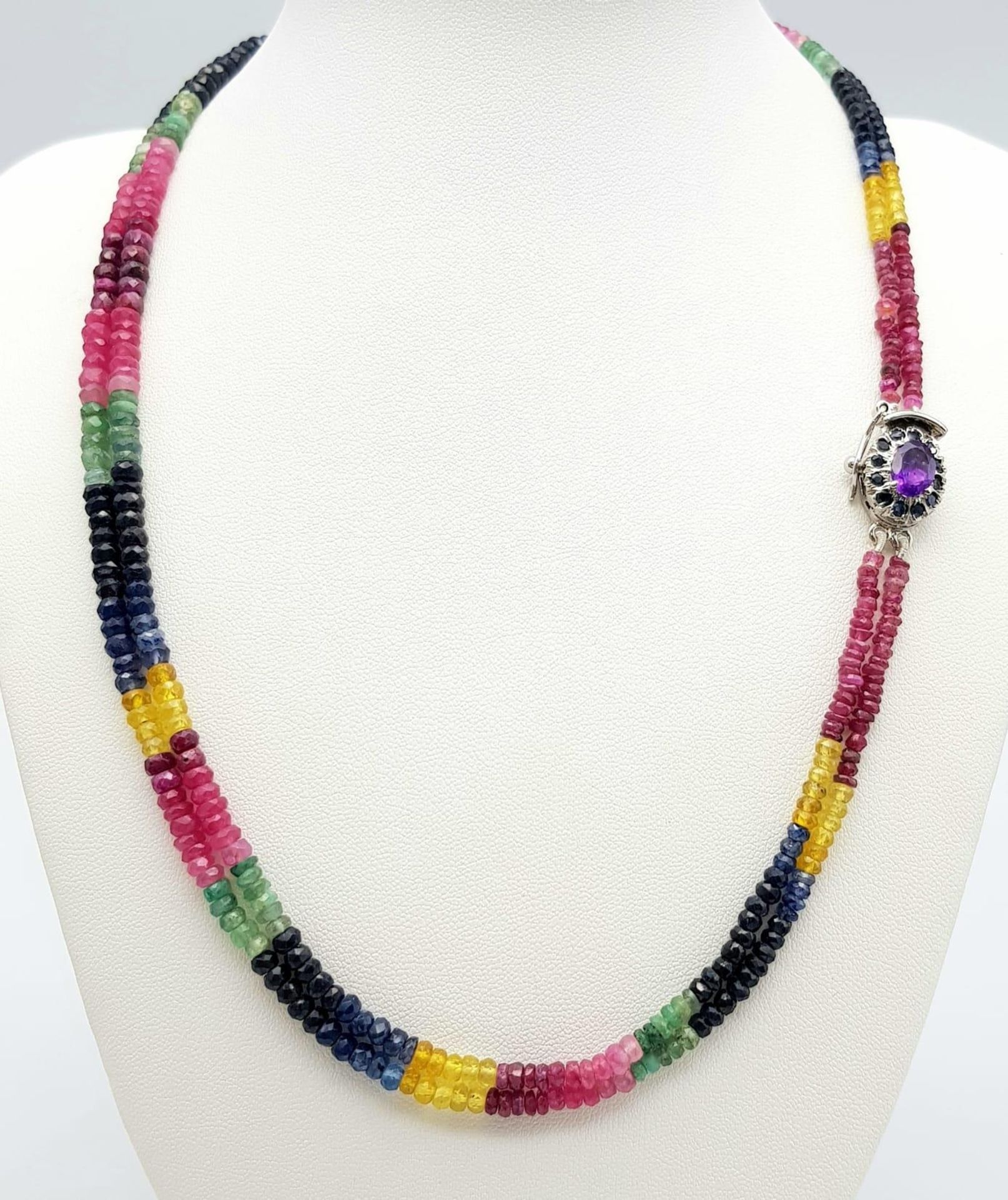 A Multi Sapphire Gemstone Two Strands Necklace with an Amethyst 925 Silver Clasp. Small rondelle