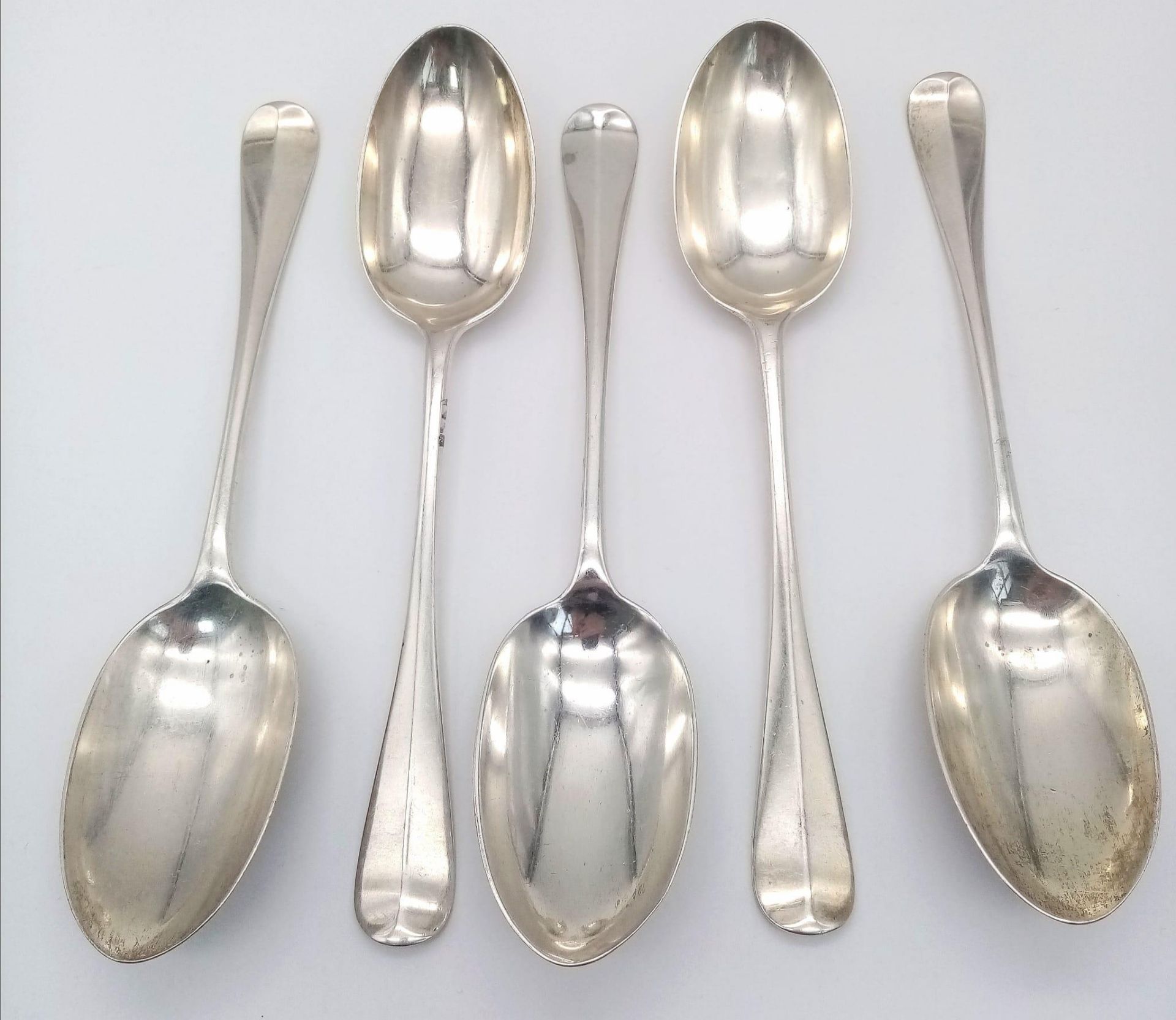Five Antique Sterling Silver Large Serving Spoons. 21cm. Hallmarks for London 1924. 410g weight.