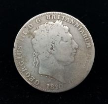 An 1820 George III Silver Crown Coin. F+ grade but please see photos.