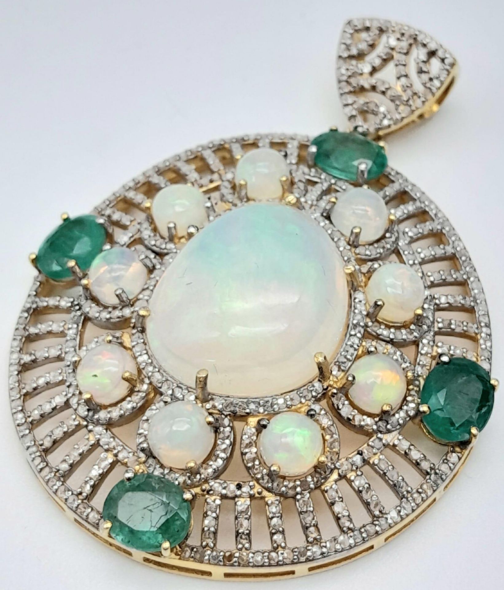 A Fancy Opal, Diamond and Emerald Pendant with a Detachable Green Garnet Necklace. Centre opal - Image 4 of 9