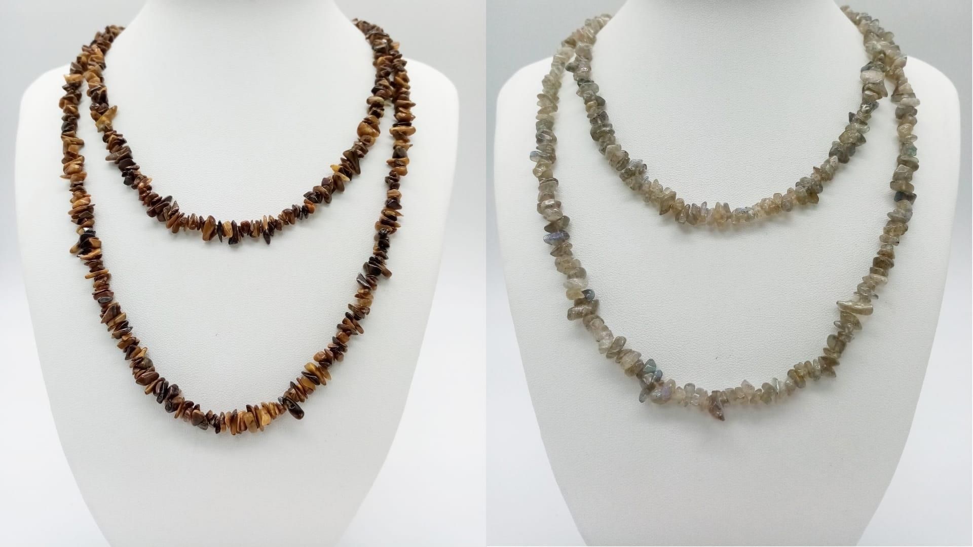 A parcel of Two Vintage Long Natural Stone Necklaces. Both measure 90cm in length. The white